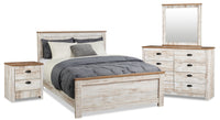 Ensemble de chambre à coucher Kaia 6 pièces avec lit à panneau, commode, miroir et table de nuit, blanchi - format très grand lit
