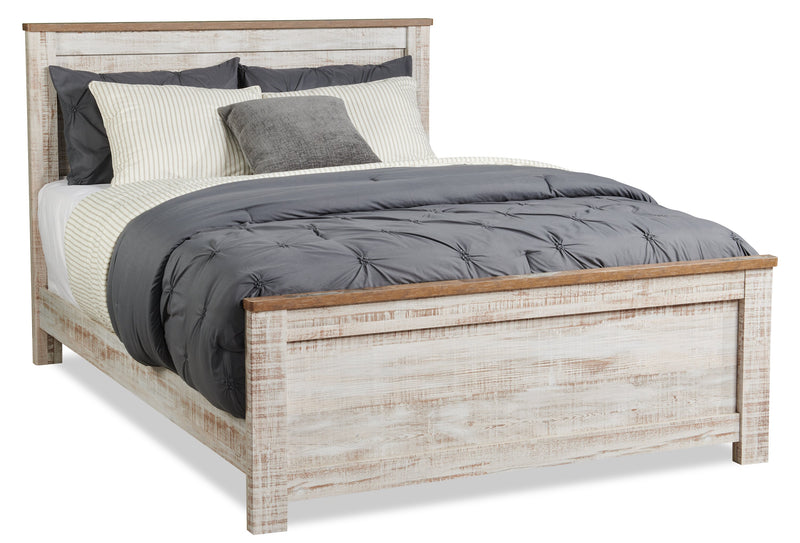 Ensemble de chambre à coucher Kaia 5 pièces avec lit à panneau, commode et miroir, blanchi - format lit double