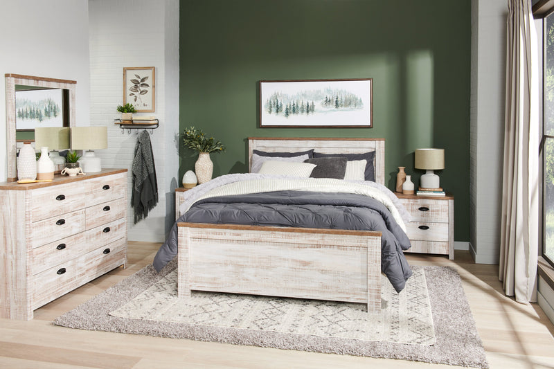 Ensemble de chambre à coucher Kaia 5 pièces avec lit à panneau, commode et miroir, blanchi - format lit double