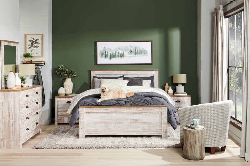 Ensemble de chambre à coucher Kaia 5 pièces avec lit à panneau, commode et miroir, blanchi - format lit double