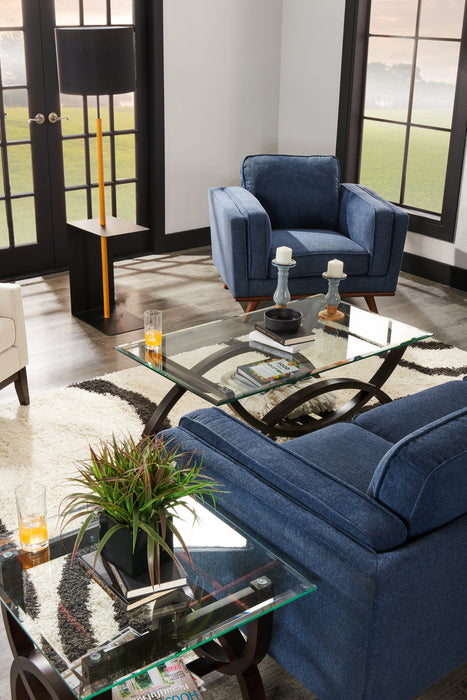 Fauteuil Kassia de Kort & Co. de 40,9 po en tissu d’apparence lin avec base et pattes en bois - bleu