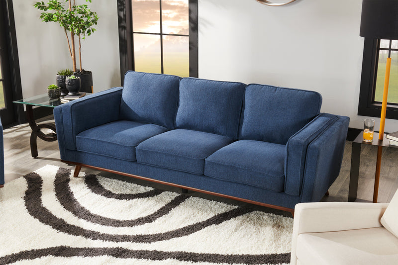 Sofa Kassia de Kort & Co. de 90,6 po en tissu d’apparence lin avec base et pattes en bois - bleu
