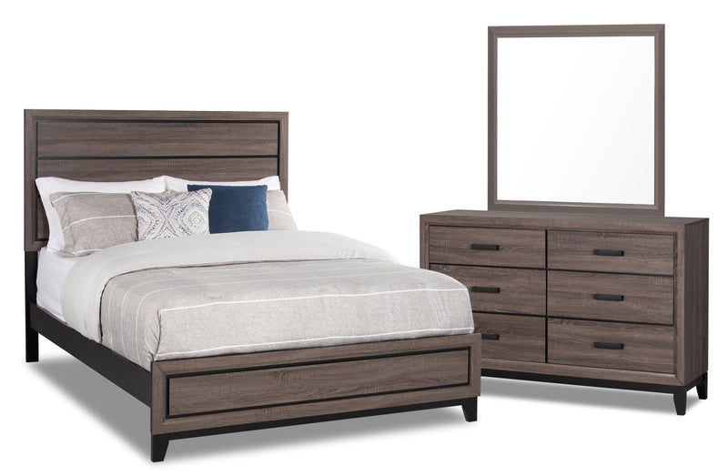 Ensemble de chambre à coucher Kate 5 pièces avec lit, commode et miroir, gris-brun - format très grand lit