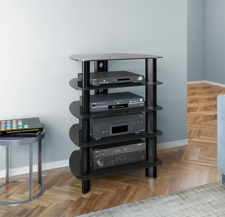 Meuble audio moderne Laguna de 26 po avec rangement et système de gestion des câbles pour téléviseurs - métal noir et verre