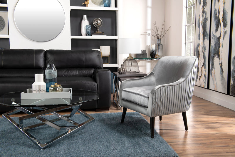 Table à café octogonale somptueuse Konstanz de 40 po avec dessus en verre - argentée avec base en métal