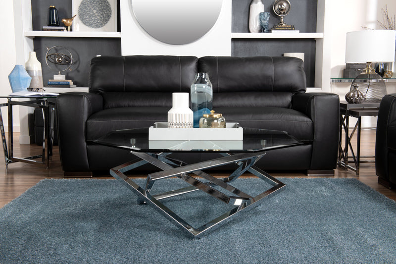 Table à café octogonale somptueuse Konstanz de 40 po avec dessus en verre - argentée avec base en métal