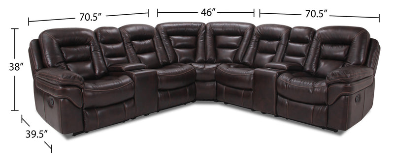 Sofa sectionnel inclinable Leo 7 pièces en tissu d’apparence cuir avec consoles de rangement et porte-gobelets - brun noyer