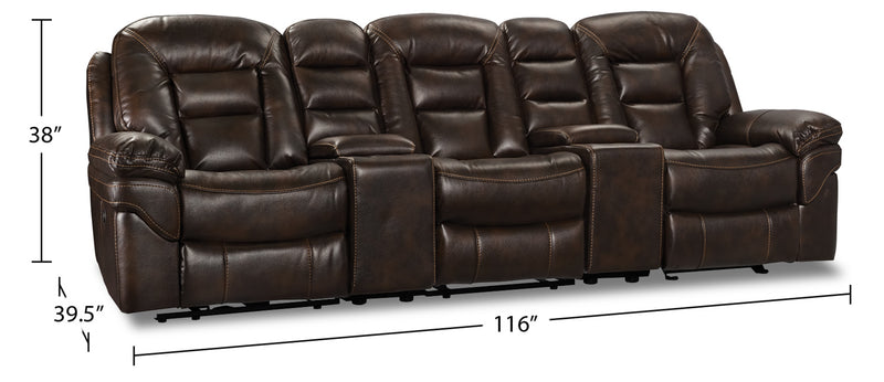Sofa sectionnel à inclinaison électrique Leo 5 pièces en tissu d’apparence cuir avec consoles de rangement et porte-gobelets - brun noyer