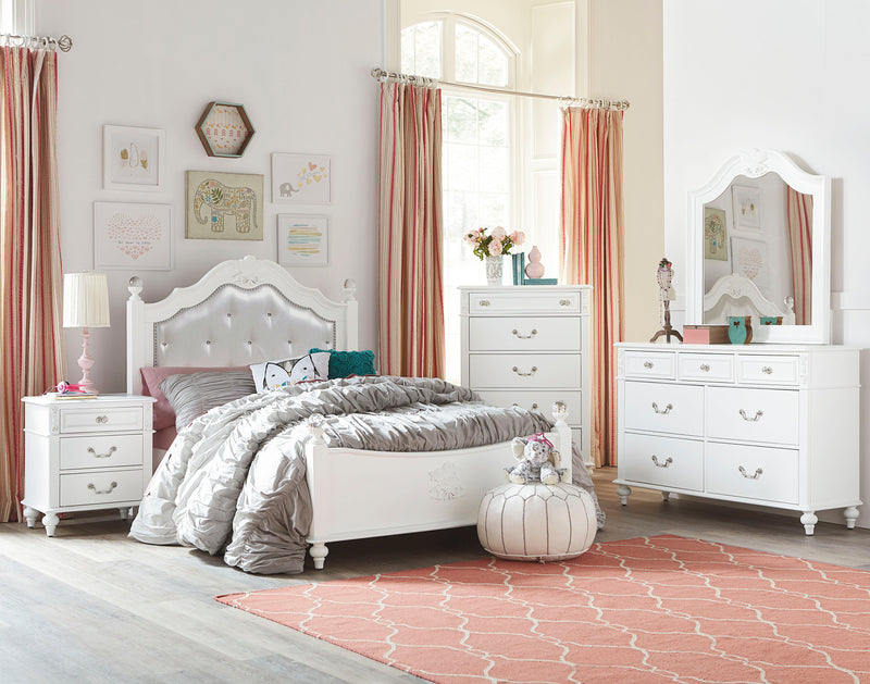 Ensemble de chambre à coucher Livy 6 pièces pour enfants avec lit à panneau, commode, miroir et table de nuit, blanc - format lit simple