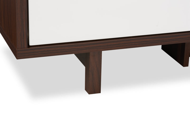 Meuble pour téléviseur moderne Lovran de 71 po avec rangement et système de gestion des câbles pour téléviseurs jusqu’à 80 po - noyer foncé et blanc