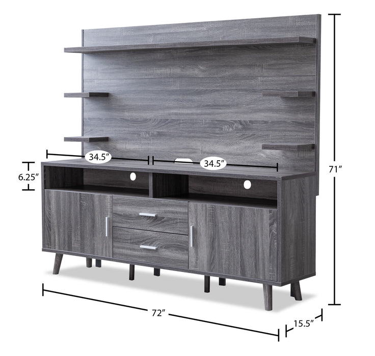 Meuble audio-vidéo Malibu 2 pièces de 72 po avec rangement et système de gestion des câbles pour téléviseurs jusqu’à 80 po - gris vieilli