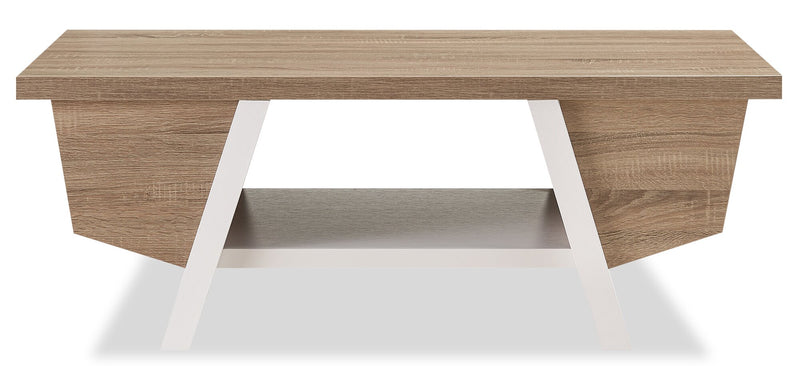 Table à café moderne Malik de 47,25 po avec rangement et tablette - blanche et brun clair 