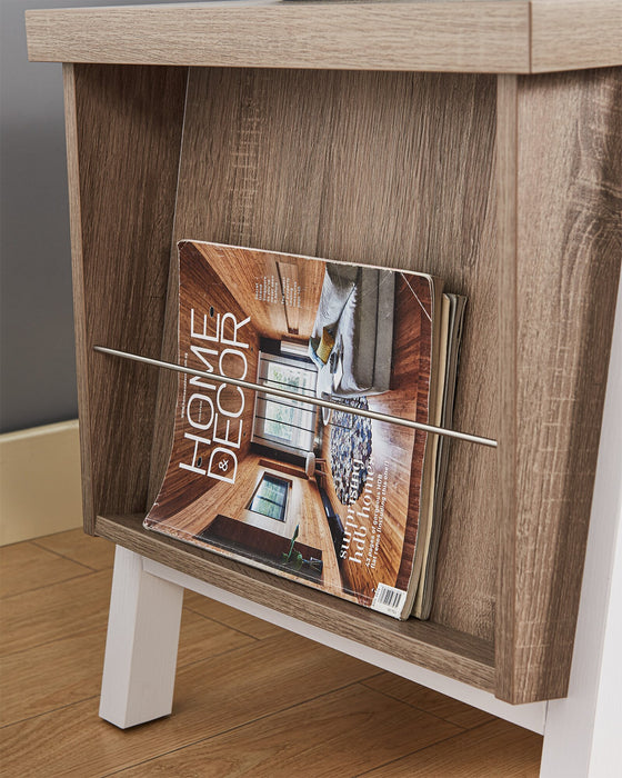 Table de bout moderne Malik de 22 po avec rangement et tablette - blanche et brun clair 