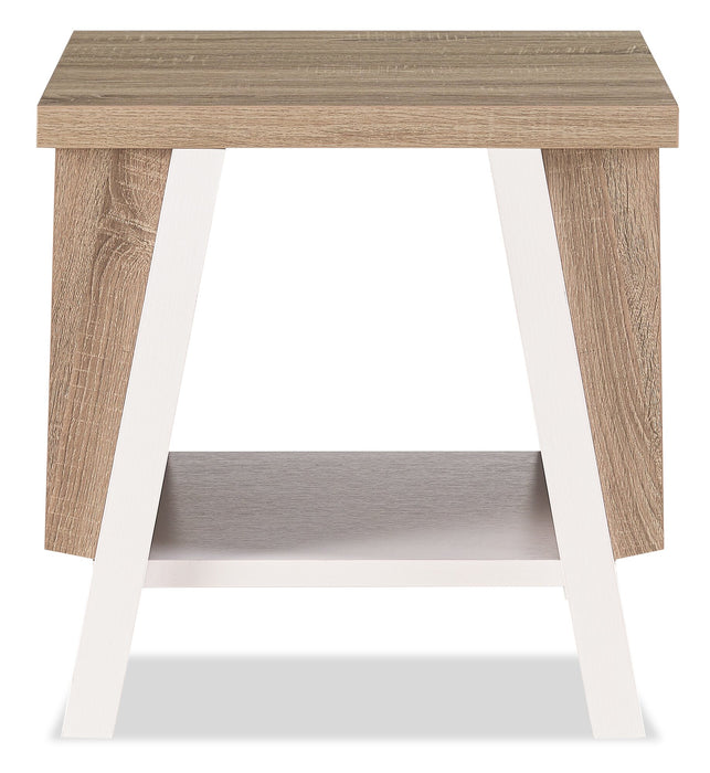 Table de bout moderne Malik de 22 po avec rangement et tablette - blanche et brun clair 