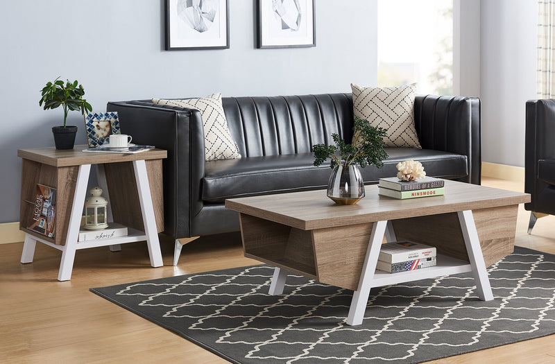 Table de bout moderne Malik de 22 po avec rangement et tablette - blanche et brun clair 