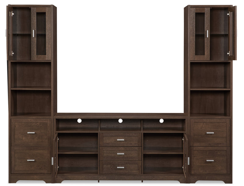 Meuble audio-vidéo Melody 3 pièces de 100\" avec rangement et système de gestion des câbles pour téléviseurs jusqu’à 65 po - brun