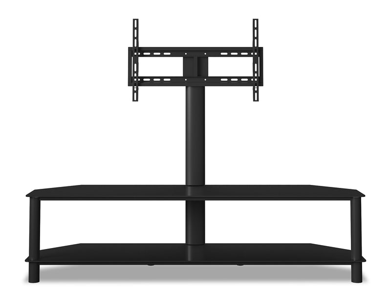 Meuble pour téléviseur moderne Bello de 62 po avec rangement et système de gestion des câbles pour téléviseurs jusqu’à 70 po - métal noir et verre