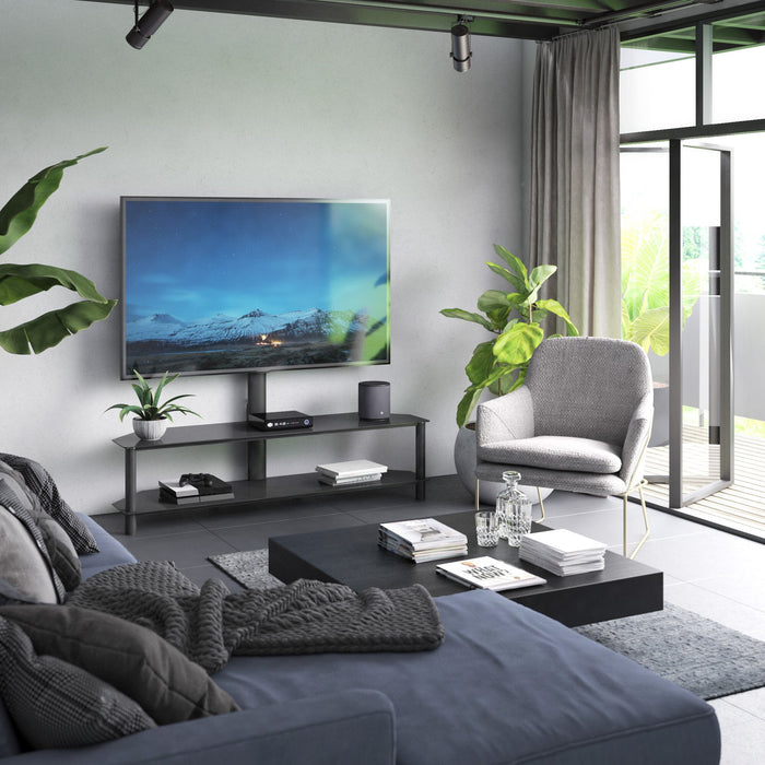 Meuble pour téléviseur moderne Bello de 62 po avec rangement et système de gestion des câbles pour téléviseurs jusqu’à 70 po - métal noir et verre
