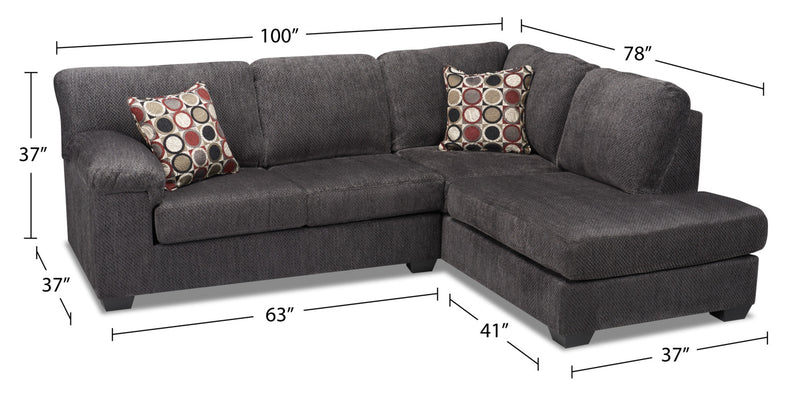 Sofa sectionnel de droite Morty 2 pièces fabriqué au Canada en tissu de chenille avec coussins décoratifs - gris