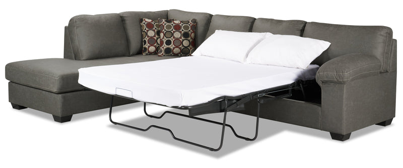 Sofa-lit sectionnel de gauche Morty 2 pièces fabriqué au Canada en tissu d’apparence cuir avec coussins décoratifs - gris