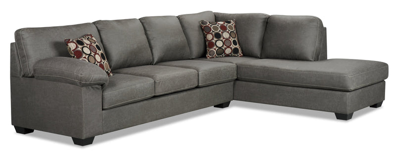 Sofa-lit sectionnel de droite Morty 2 pièces fabriqué au Canada en tissu d’apparence cuir avec coussins décoratifs - gris