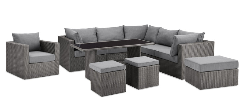 Ensemble Morris 10 pièces pour la terrasse à l’extérieur - osier en résine tressé à la main, résistant aux rayons UV et aux intempéries - gris