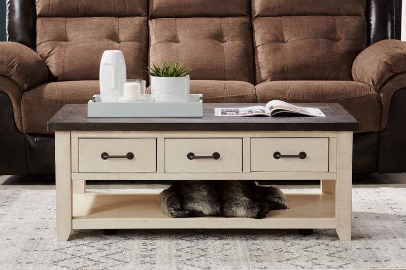 Table à café rustique Morgan de 48 po avec rangement, tablette et roulettes - blanche avec bois recyclé