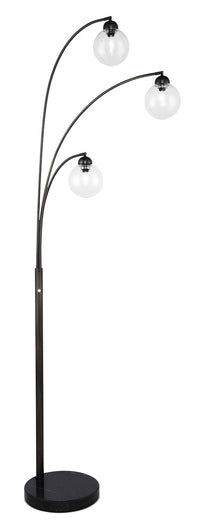 Lampe à pied arquée milieu du 20e siècle de 82 po noire à 3 ampoules avec base en marbre et abat-jour en verre