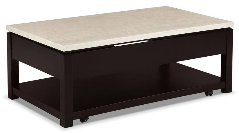Table à café moderne Sicily de 48 po avec dessus relevable, rangement, tablette et roulettes - beige et brun foncé 