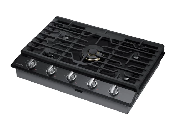 Surface de cuisson à gaz intelligente Samsung de 30 po à 5 brûleurs avec brûleur double puissant de 22 000 BTU, plaque chauffante et grille pour wok - acier inoxydable noir - NA30N7755TG/AA