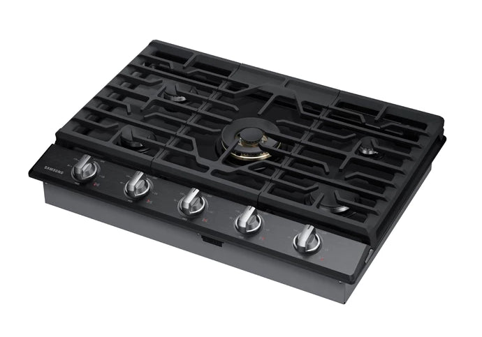 Surface de cuisson à gaz intelligente Samsung de 36 po à 5 brûleurs avec brûleur double puissant de 22 000 BTU, plaque chauffante et grille pour wok - acier inoxydable noir - NA36N7755TG/AA