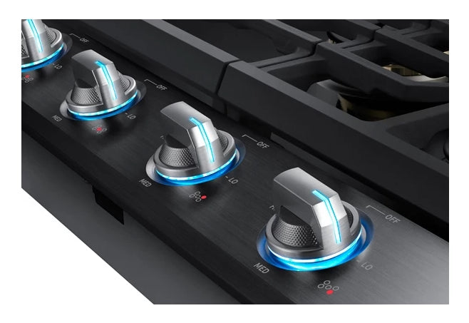 Surface de cuisson à gaz intelligente Samsung de 36 po à 5 brûleurs avec brûleur double puissant de 22 000 BTU, plaque chauffante et grille pour wok - acier inoxydable noir - NA36N7755TG/AA