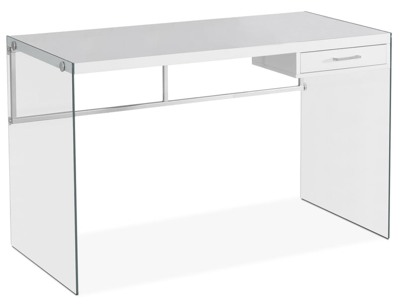 Bureau d’ordinateur Kylie de 48 po avec tiroir - blanc avec pattes en verre