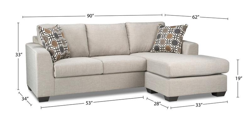 Sofa sectionnel réversible Nina 2 pièces fabriqué au Canada en tissu d’apparence lin avec coussins décoratifs - taupe