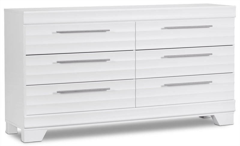 Commode Olivia de 61,3 po (L) x 32,8 po (H) à 6 tiroirs pour la chambre à coucher, fabriquée au Canada - blanche