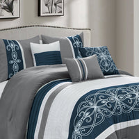 Ensemble d'édredon Ohio 7 pièces pour grand lit - bleu marine et gris