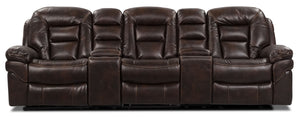 Sofa sectionnel inclinable Leo 5 pièces de style cinéma maison en tissu d’apparence cuir avec consoles de rangement et porte-gobelets - brun noyer