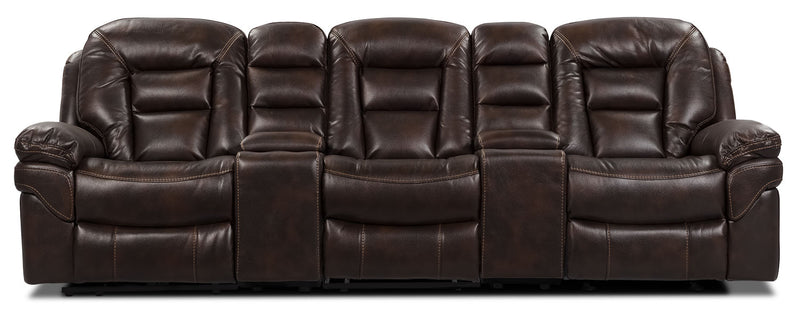 Sofa sectionnel inclinable Leo 5 pièces de style cinéma maison en tissu d’apparence cuir avec consoles de rangement et porte-gobelets - brun noyer