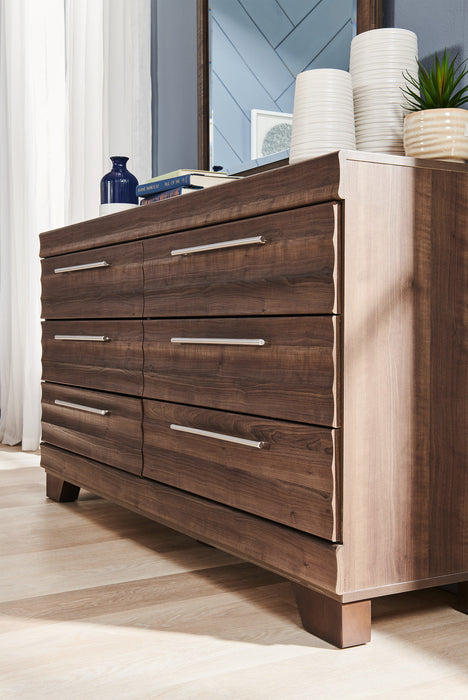 Commode Olivia de 61,3 po (L) x 32,8 po (H) à 6 tiroirs pour la chambre à coucher, fabriquée au Canada - grise