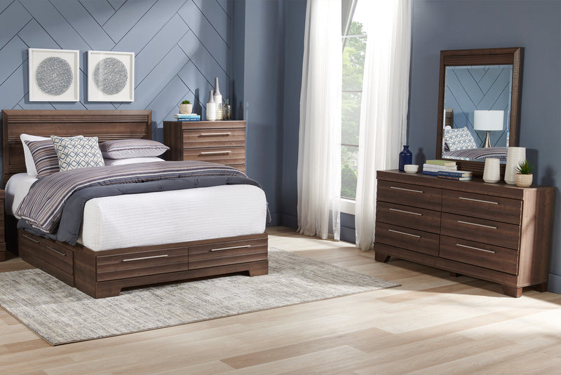 Ensemble de chambre à coucher Olivia 5 pièces fabriqué au Canada avec lit de rangement, commode et miroir, gris - format grand lit
