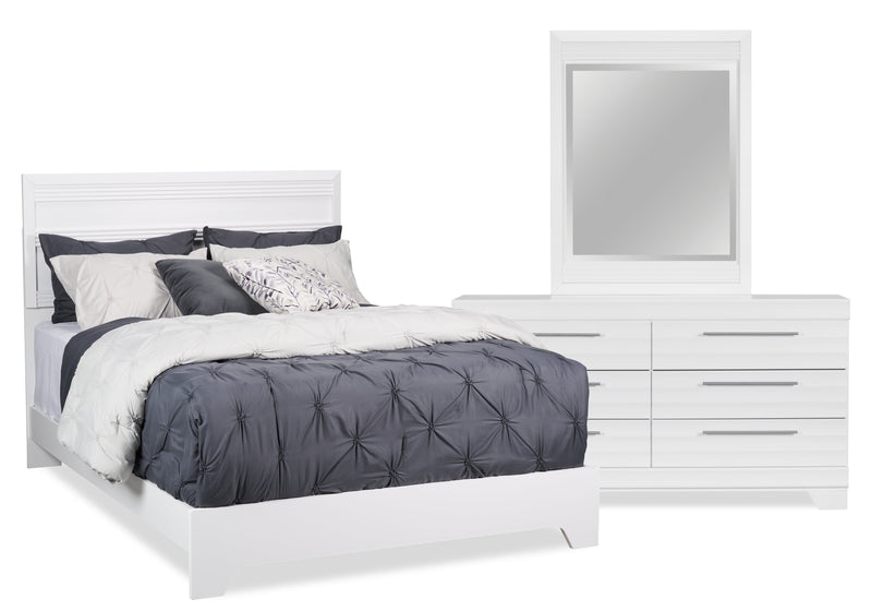 Ensemble de chambre à coucher Olivia 5 pièces fabriqué au Canada avec lit, commode et miroir, blanc - format grand lit