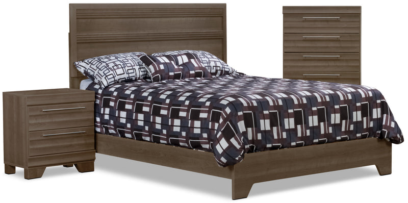 Ens. de chambre à coucher Olivia 5 pièces avec grand lit, commode verticale et table de nuit - gris