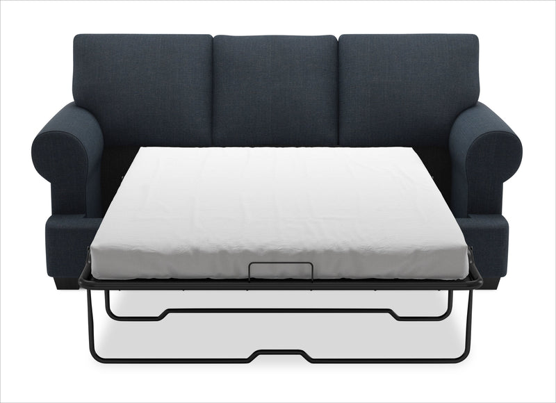 Sofa-lit personnalisable Roll de Sofa Lab de 86 po fabriqué au Canada en tissu d’apparence lin avec accoudoirs enroulés - bleu Luna Sailor