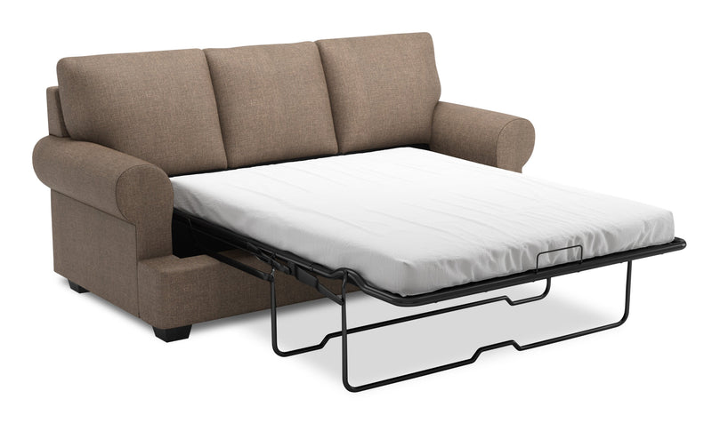 Sofa-lit personnalisable Roll de Sofa Lab de 86 po fabriqué au Canada en tissu d’apparence lin avec accoudoirs enroulés - brun Luna Praline