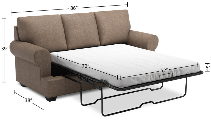 Sofa-lit personnalisable Roll de Sofa Lab de 86 po fabriqué au Canada en tissu d’apparence lin avec accoudoirs enroulés - brun Luna Praline
