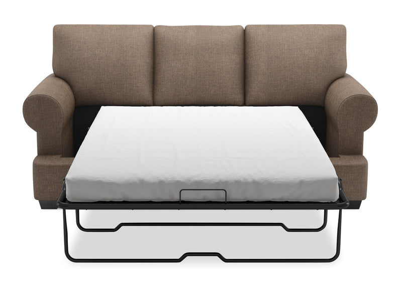 Sofa-lit personnalisable Roll de Sofa Lab de 86 po fabriqué au Canada en tissu d’apparence lin avec accoudoirs enroulés - brun Luna Praline