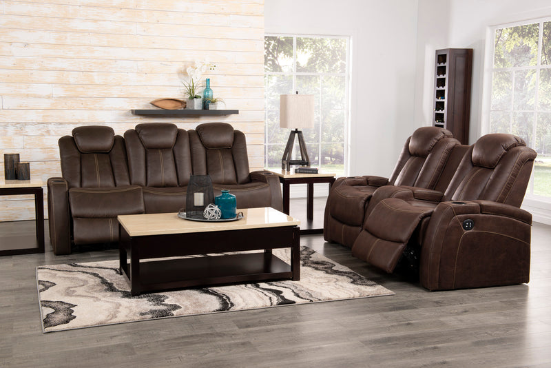 Causeuse à inclinaison électrique Ross de 72,5 po en tissu de suédine avec appuie-têtes électriques et console de rangement - brun chocolat