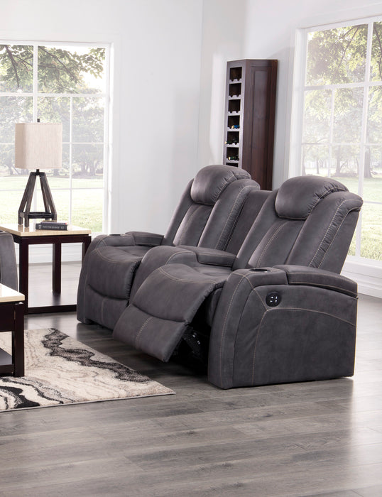 Causeuse à inclinaison électrique Ross de 72,5 po en tissu de suédine avec appuie-têtes électriques et console de rangement - gris étain