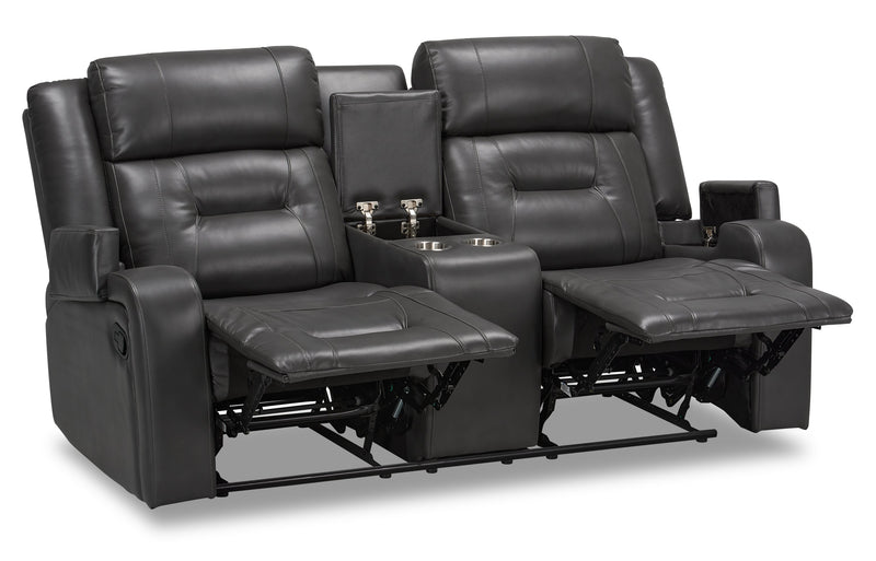 Causeuse inclinable Ryker de 72,24 po en tissu d’apparence cuir avec console de rangement - grise