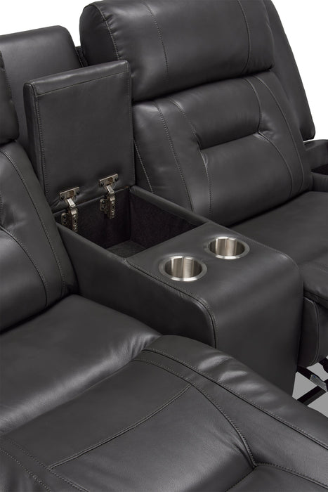 Causeuse inclinable Ryker de 72,24 po en tissu d’apparence cuir avec console de rangement - grise